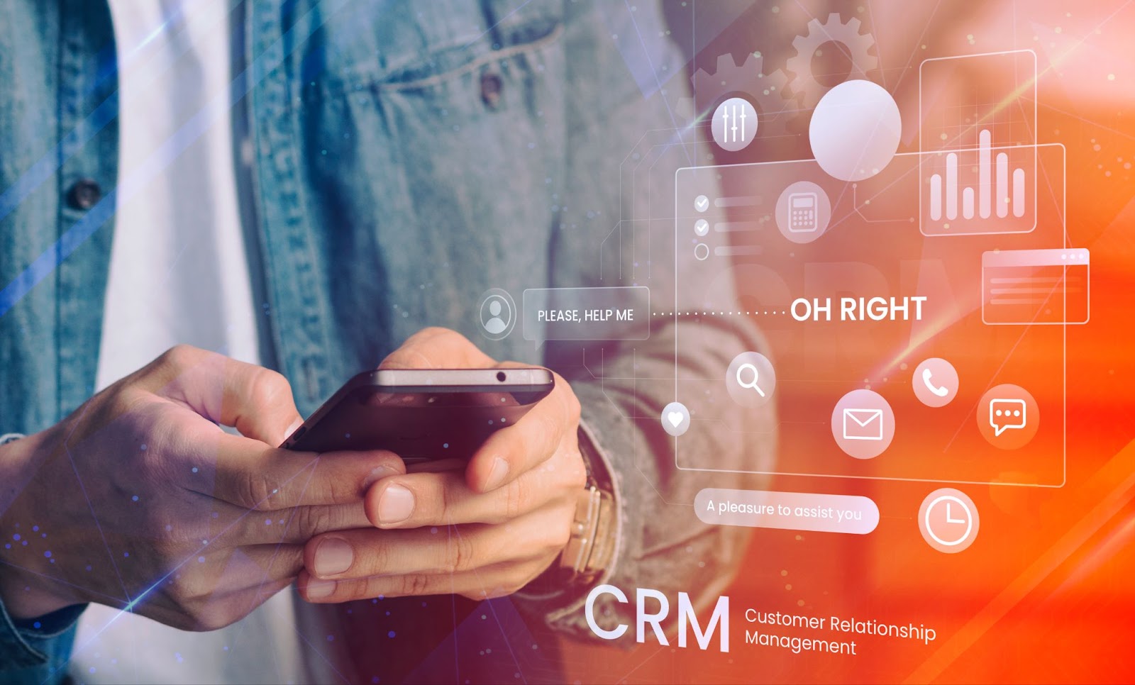 CRM concept: a man in a blue jeans shirt holding a smartphone